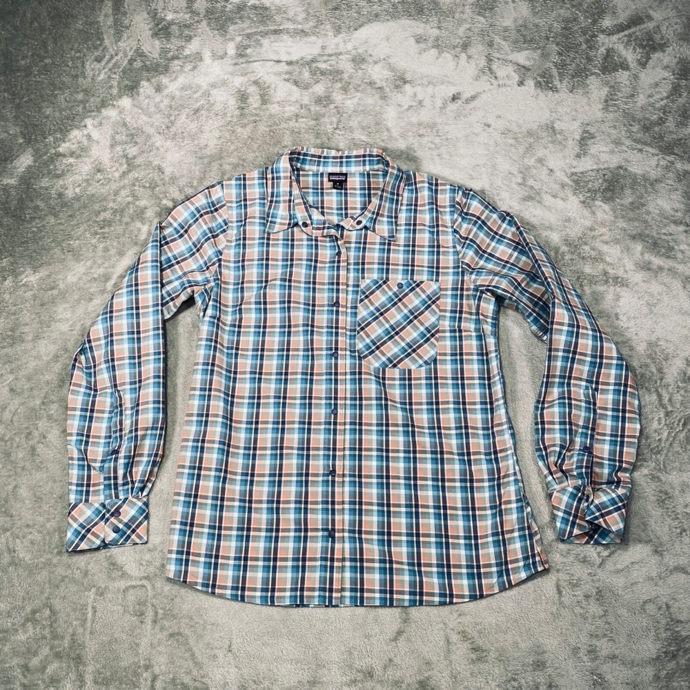 Patagonia Mens Medium Long Sleeve Plaid Snap Button Up Shirt Blue Pink Hiking